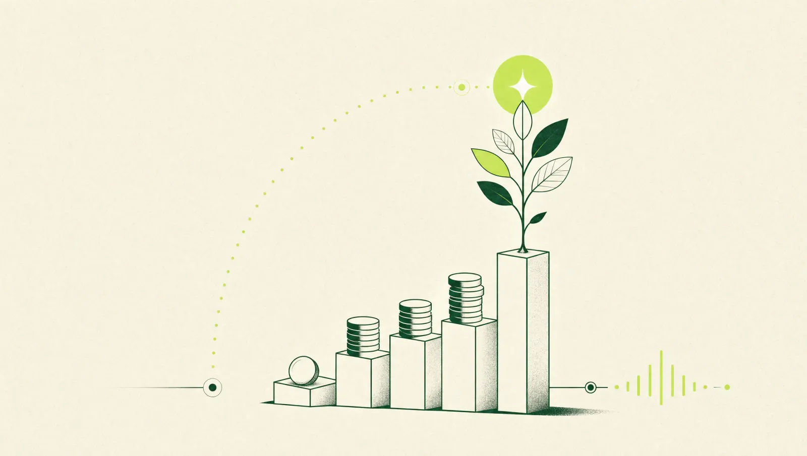 Illustration of rising bars of coins with a plant growing from the tallest