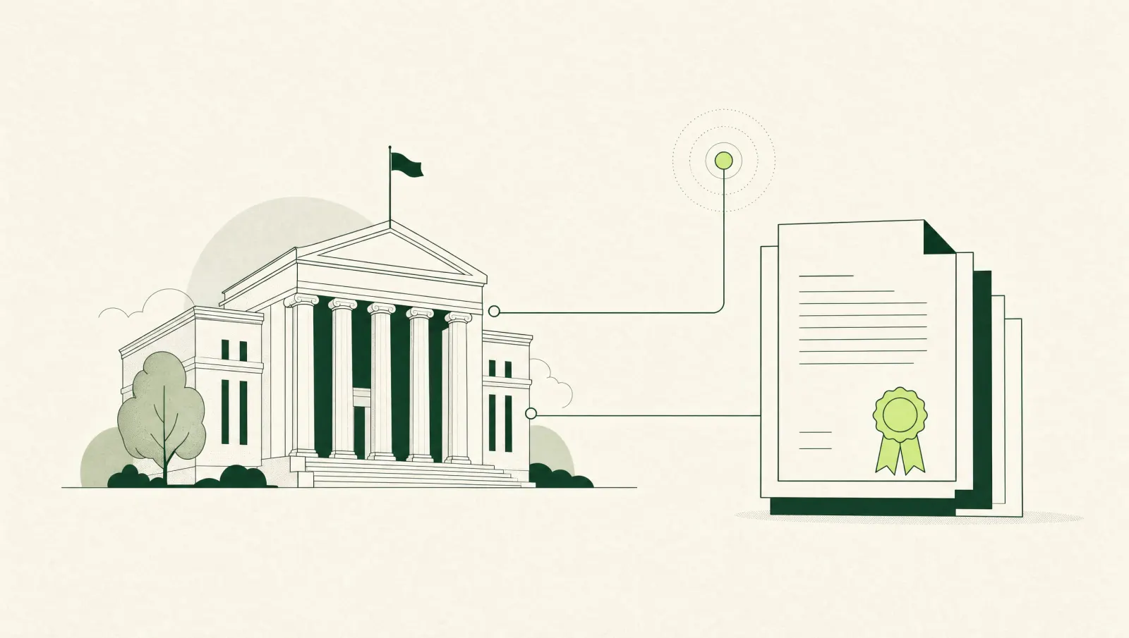 Illustration of a government building beside a stack of contracts, one marked with an award ribbon