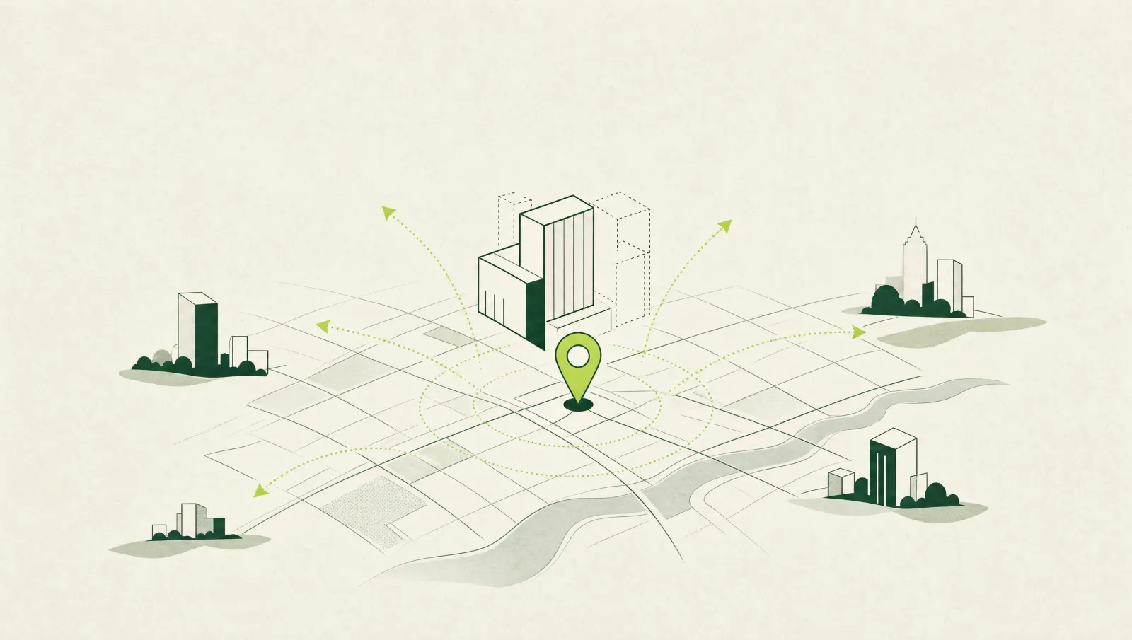 Illustration of a city map with a new location pin and a new building appearing