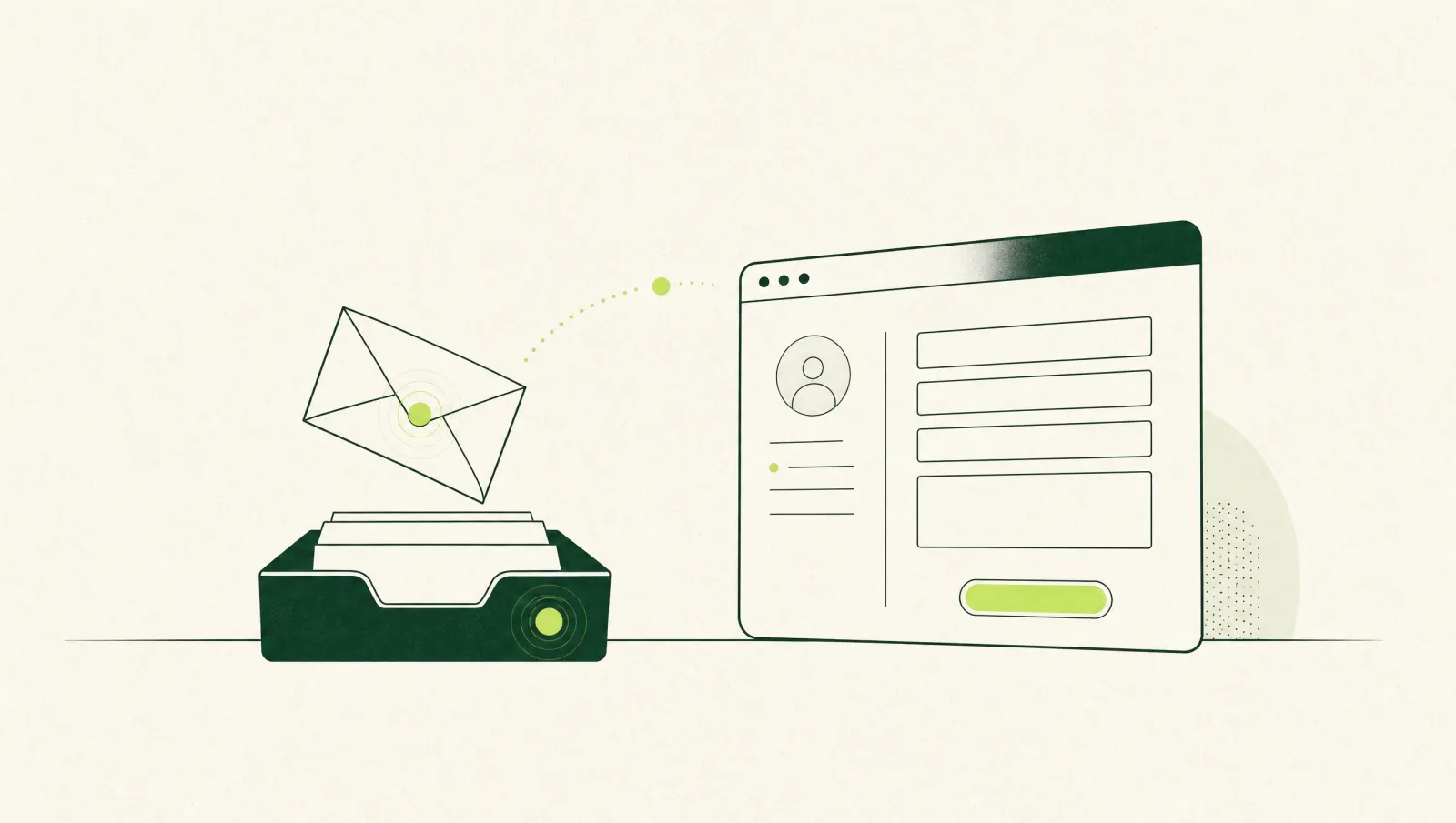 Illustration of an envelope landing in an inbox tray next to a website enquiry form