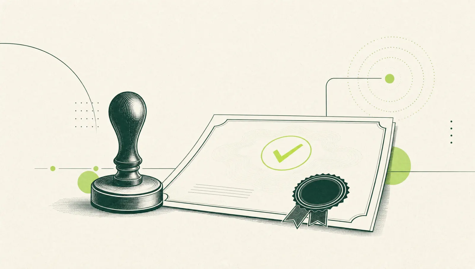 Illustration of an official stamp beside a certificate with a seal and a check mark