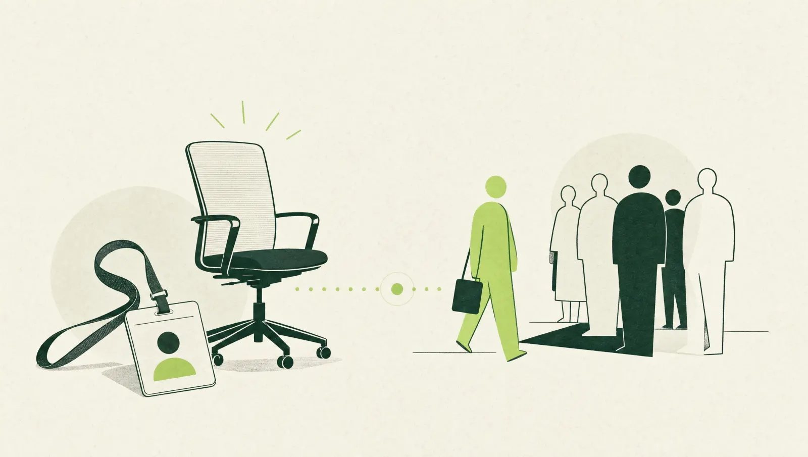 Illustration of an office chair, a name badge and a group of people with one person walking in