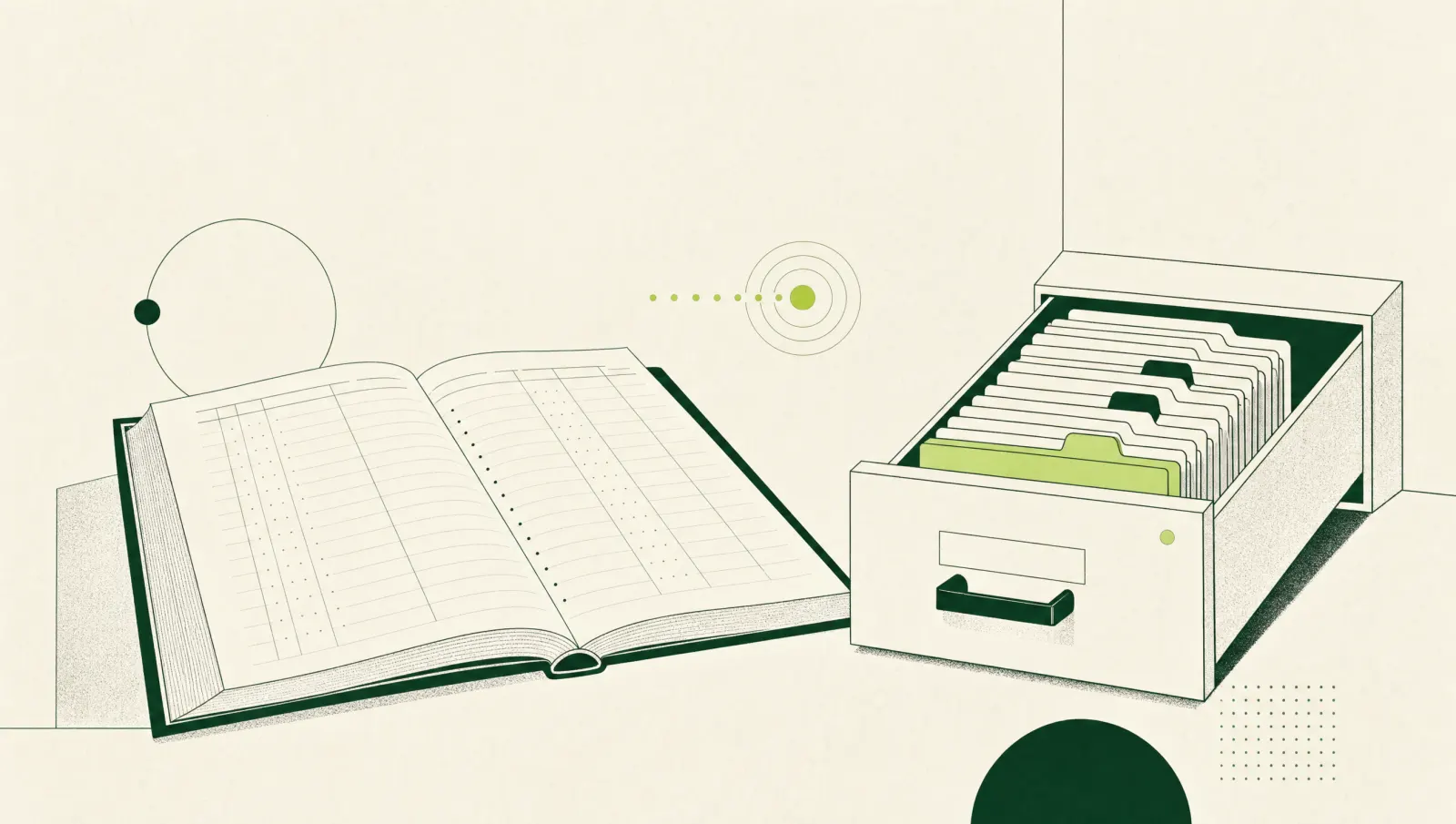 Illustration of an open company register and a filing drawer with one new card highlighted