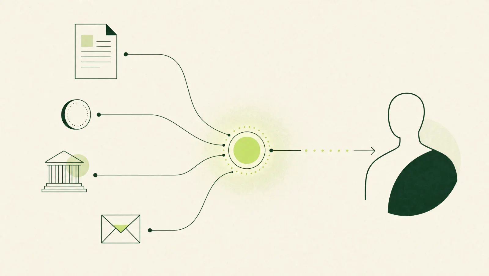 Illustration of documents, money, a building and an envelope feeding into one signal that flows to a person